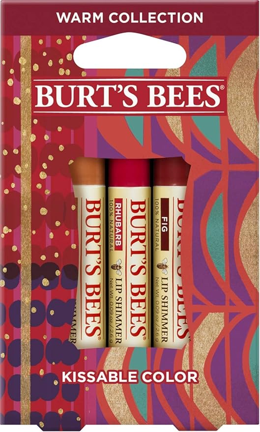 Burt's Bees Kissable Color Holiday Gift Set, 3 Lip Shimmers in Gift Box, Warm Collection in Peony, Fig & Rhubarb-VivaGrace Women