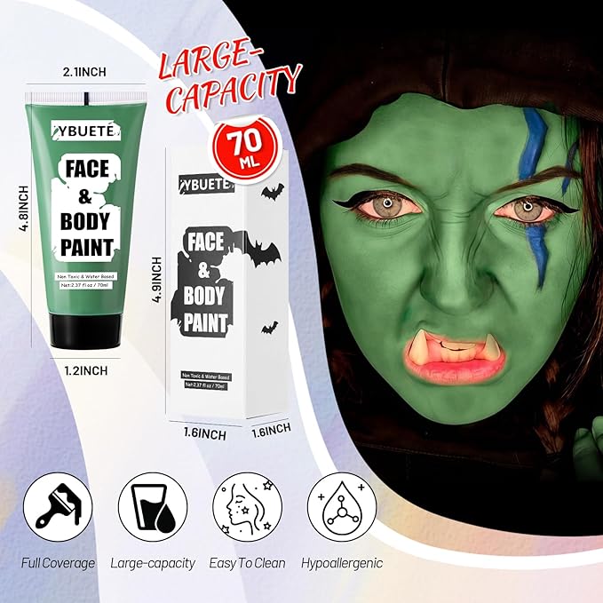 Green Water Based Face Body Paint for St. Patrick’s Day, 2.37 OZ Large Tube Full Coverage Face Paint for Cosplay Gamora Hulk Witch, Washable Green Body Painting Cream Adult Halloween SFX Makeup-VivaGrace Women