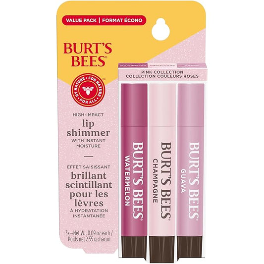 Burt's Bees Lip Shimmer Pink Collection, Tinted Lip Balm Stick, Moisturizing for All Day Hydration with Natural Glowy Pigmented Finish & Buildable Color, 3 Shades; Value Pack, 3 Tubes x 0.09 Oz-VivaGrace Women