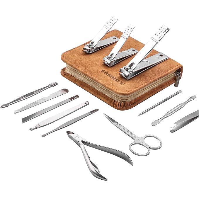 FAMILIFE Manicure Set, Nail Professional Kit Manicure Kits Nail Clipper Sets, 13PCS Stainless Steel Pedicure Sets Mens Grooming Tool, with Brown Leather Travel Case for Men-VivaGrace Women