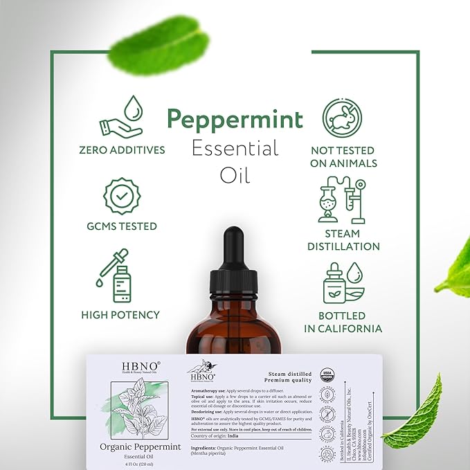 HBNO California Bottled Organic Peppermint Essential Oil (Mentha Piperita) 4 fl oz (120ml) - USDA Certified Organic Peppermint Oil for Hair - Perfect for Aromatherapy-VivaGrace Women