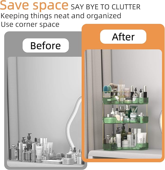 3 Tier Corner Bathroom Organizer Countertop, Vanity Makeup Organizer with Brush Holder, Space-Saving Skincare Storage Corner Shelf for Bathroom, Dressing Table, Kitchen-VivaGrace Women