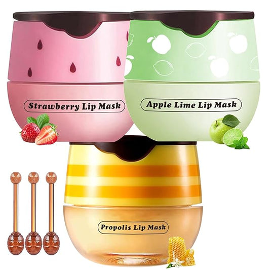 Honey Lip Balm Pot, 3 Pcs Honey & Strawberry & Apple Lime Lip Mask Propolis Moisturizing Hydrating Prevention Dry and Cracked Lip Scrubs Exfoliator-VivaGrace Women