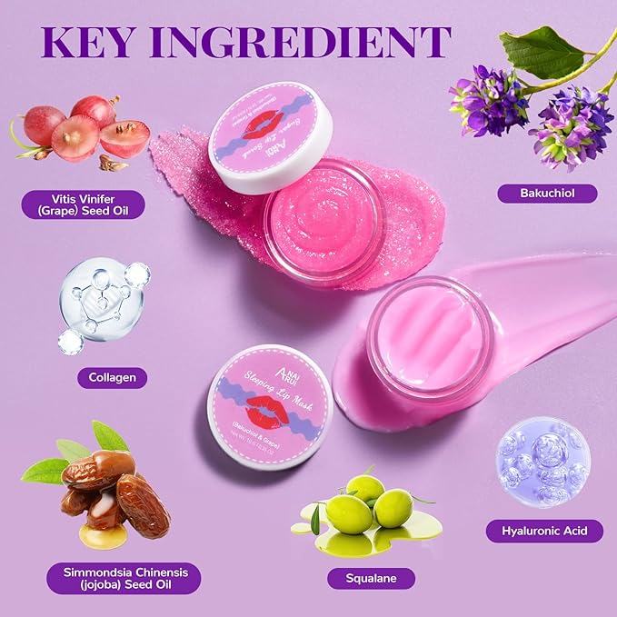 ANAI RUI Lip Therapy Set, Lip Scrub & Lip Mask, Overnight Hydrating Lip Moisturizer with Lip Exfoliator Scrub and Lip Sleeping Mask for Lip Plumping, Lip Gift Kit for Dry, Chapped, Dark Lips, Grape-VivaGrace Women