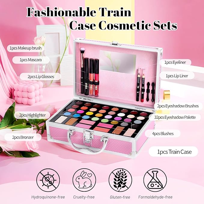 Beginner Makeup Kit for Teen,Makeup Gift Set for Girl Women,Beginner Makeup Kit with Cosmetic Train Case Included 32 Colors Eyeshadow Blusher Contour Lip Gloss Lip Liner Mascara Eyeliner Mirror-VivaGrace Women