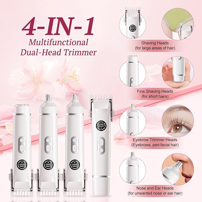 Bikini Trimmer for Women, 4 in 1 Wet/Dry Electric Razors for Women - Dual Head, Painless Rechargeable Portable Womens Razors for Shaving Set for Face, Nose, Eyebrows, Armpits, Bikini Area (White)-VivaGrace Women