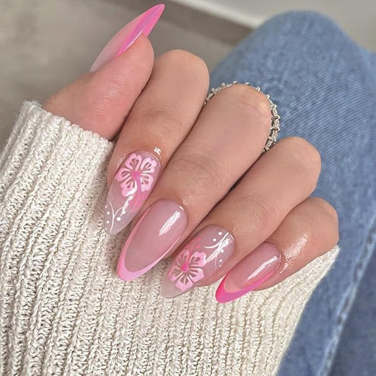 Pink French tips Press on Nails Medium Almond Fake Nails with Design Pink Flower Glue on Nails Glossy Spring Nails Reusable Summer False Nails for Women Girls Manicure 24pcs