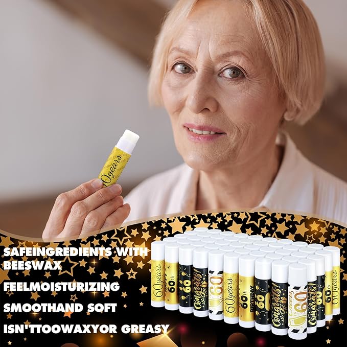 50 Sets 60th Birthday Favors Lip Balm Gifts Bulk Moisturizing Lip Balm with 50 Organza Drawstring Gift Bag 50 Tags 60th Birthday Party Supplies Gifts Bulk for Men and Woman-VivaGrace Women