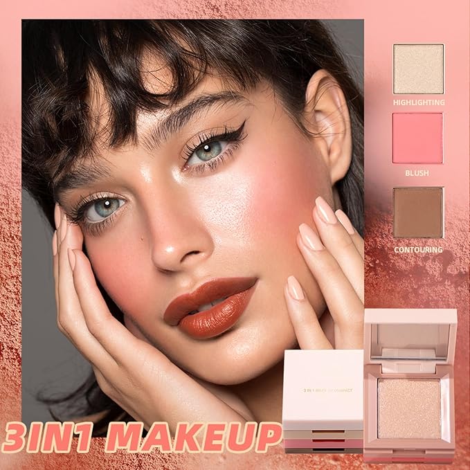 3 in 1 Contour Highlighter Blush Makeup Palette Kit, Matte Shimmer 3 Colors Highlighting Bronzing Blusher Eyeshadow Pallet, Long Lasting Full Face Eyes Contouring Shaping Makeup Set with Mirror-VivaGrace Women