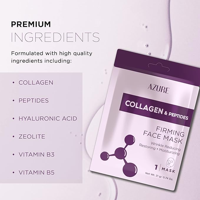 Azure Cosmetics Collagen & Peptides Lifting Facial Sheet - Restoring, Smoothing & Moisturizing Face Mask - Helps Reduce Fine Lines & Wrinkles, Smooths & Repairs - Skin Care Made in Korea - Pack of 5-VivaGrace Women