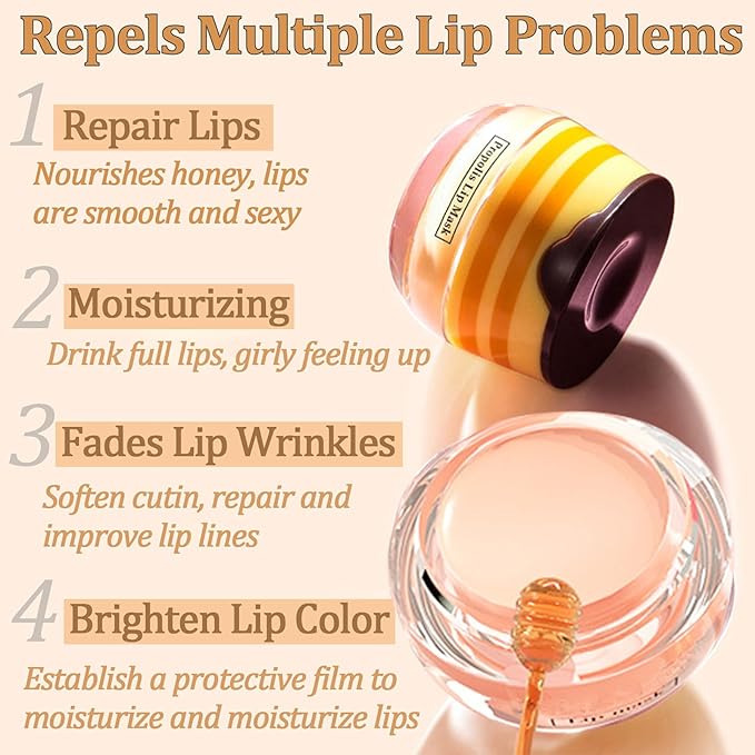 4 PCS Bee Lip Balm Lip Mask Honey Pot, Honey & Strawberry & Watermelon & Apple Lime Lip Mask Overnight Propolis Moisturizing Lip Balm with Stick, Hydrating Lip Sleeping Mask Prevention Dry & Cracked-VivaGrace Women