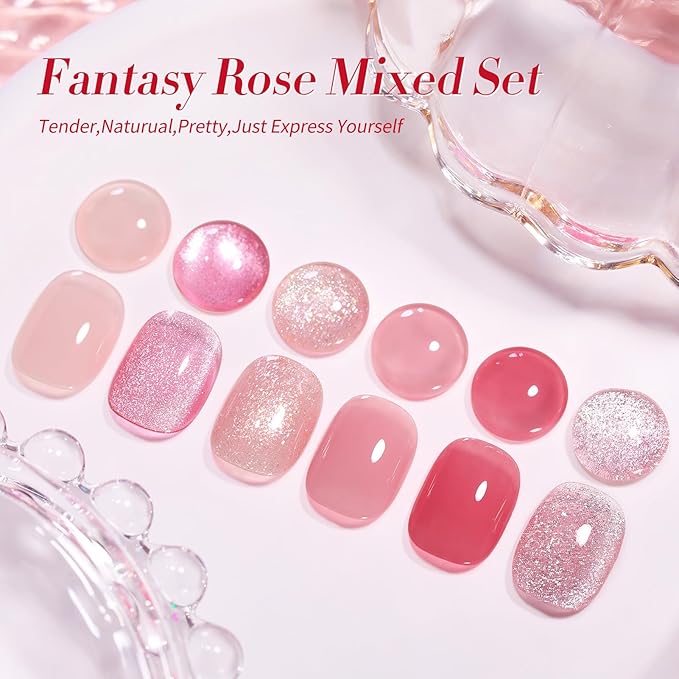 Born Pretty Gel Nail Polish Pink Nude Series,Jelly Transparent,Cat Magnetic Eye,Shimmer Glitter Holographic Pink Nude Gel Polish Kit for Salon Manicure and Nail Art DIY at Home 6Colors-VivaGrace Women