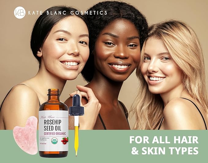 Kate Blanc Cosmetics Rosehip Oil for Face with Pink Gua Sha Stone (1oz, Organic, Pure, Cold Pressed) Rosehip Seed Face Oil for Gua Sha Massage-VivaGrace Women