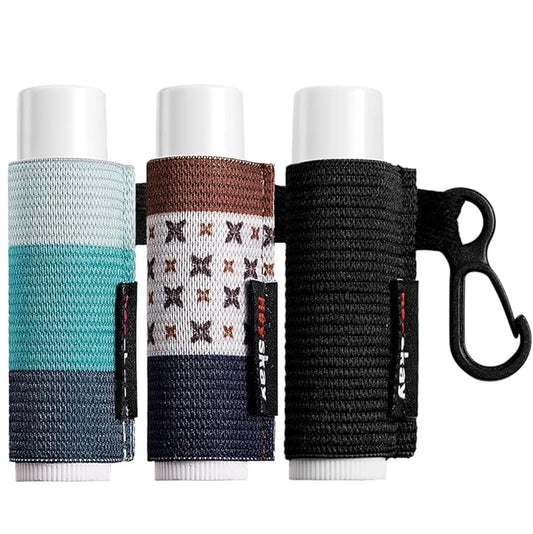 HEYSKAY Lip Balm Holder Sleeves Keychain Chapstick Elastic Sleeves (Black/light blue strip/dark blue strip) 3 Count (Pack of 1)-VivaGrace Women