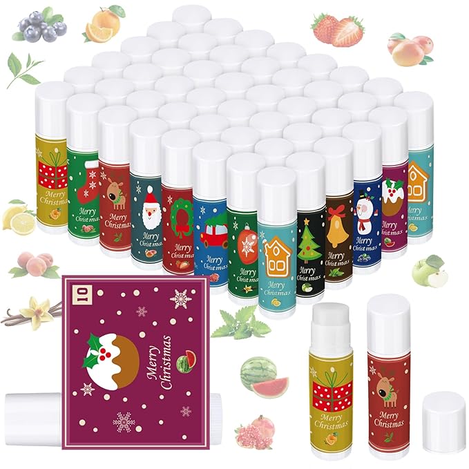 48 Pcs Christmas 12 Days Holiday Lip Balm Gift Set Lip Care Assorted Flavors Ingredients Lip Balm for Dry Chapped Lip Women Men Children Coworker 12 Assorted Flavors Christmas Party-VivaGrace Women