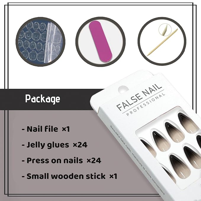 Ombre Black Fake Nails Medium Almond Press on Nails with Designs False Nails Glossy Glue on Artificial Nails for Women and Girls