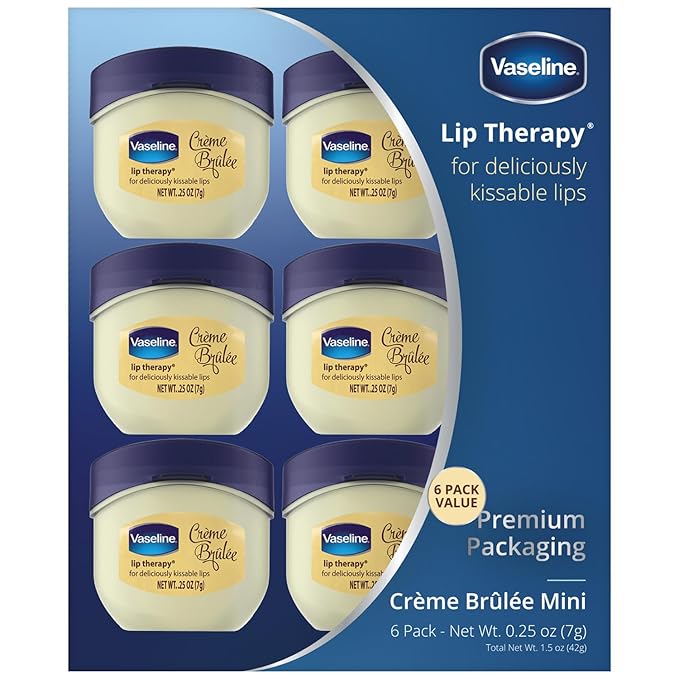 Vaseline Lip Therapy Creme Brulee Mini, White Petrolatum, Advanced Moisturizer, Relieves Dull and Dry Skin, Mini Vaseline Petroleum Jelly, Soft & Smooth Vaseline Lips (Pack of 6-0.25 Oz Ea) -VivaGrace Women