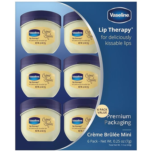 Vaseline Lip Therapy Creme Brulee Mini, White Petrolatum, Advanced Moisturizer, Relieves Dull and Dry Skin, Mini Vaseline Petroleum Jelly, Soft & Smooth Vaseline Lips (Pack of 6-0.25 Oz Ea) -VivaGrace Women