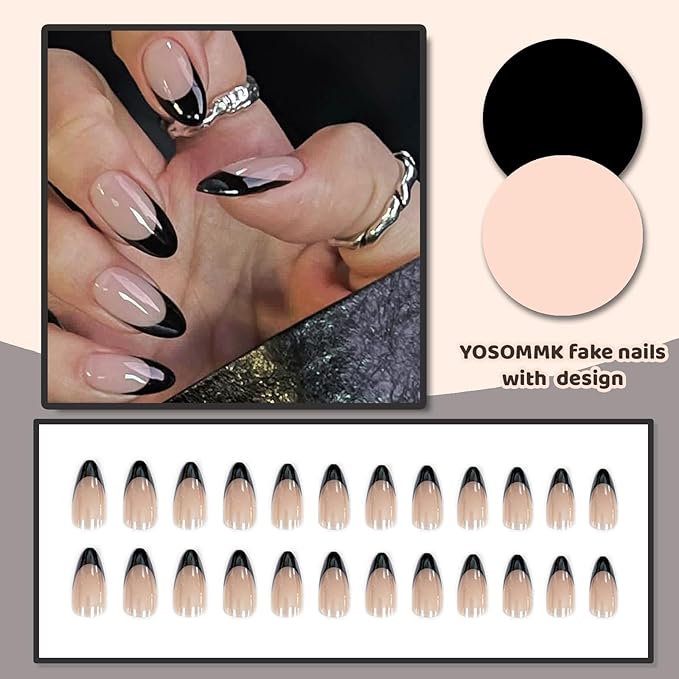 Medium Fake Nails Almond Press on Nails with Chrome Designs French Tip Glue on Nails Black Glossy False Nails for Women and Girls