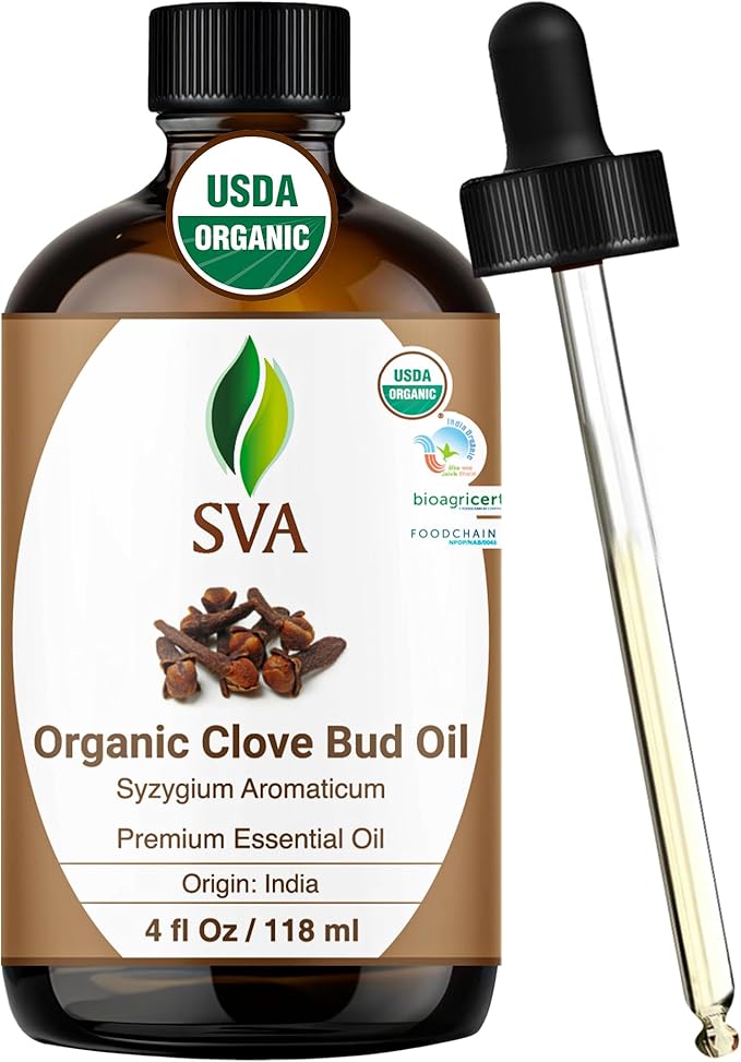 SVA Clove Essential Oil Organic – 4 Fl Oz – 100% Natural Organic Clove Oil - for Diffuser, Hair Care, Face, Skin Care, Aromatherapy, Scalp and Body Massage, Soap and Candle Making - with Dropper-VivaGrace Women