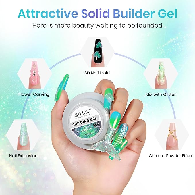 MIZHSE Mermaid Aurora Solid Builder Gel, 1oz Hard Gel for Nails 3D Non-sticky Builder Gels Polish Soak Off for Nails Salon Home DIY Manicure-VivaGrace Women