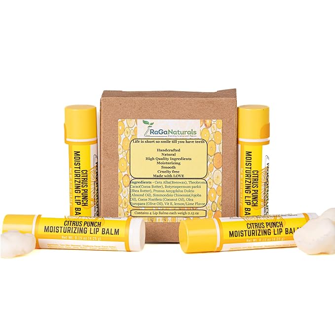 All Natural Lemon Moisturizing Lip Balm Gift Ornament for Holiday Stocking Stuffers, All Day Hydration, Original beeswax, Shea butter, Jojoba oil, Vitamin E and Love - Pack of 4 Tubes-VivaGrace Women