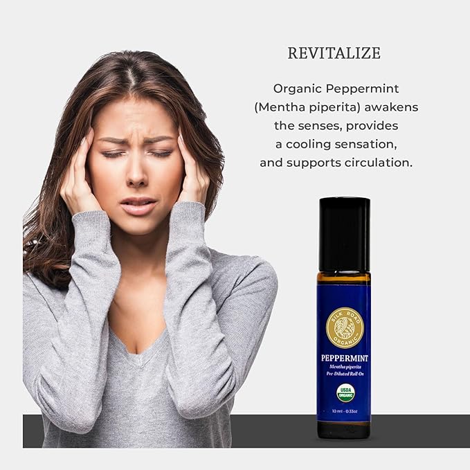 Silk Road Organic Peppermint Essential Oil Roll On, Mentha Piperita, 100% Pure USDA Certified Aromatherapy - Headache, Morning Sickness, Nausea, Energy & Hair - 10 ml Roller-VivaGrace Women