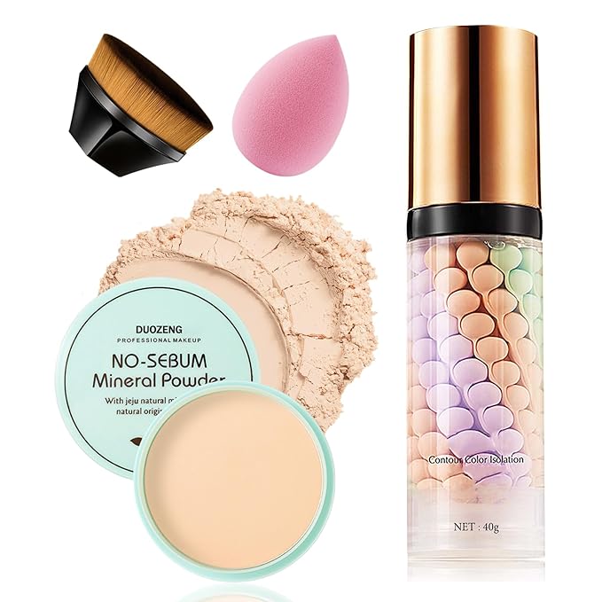 One Step Color Corrector,Natural Isolation Cream,Face Primer Makeup Tricolor Moisturizer,Correcting Primer Concealer Foundation,Setting Powder,Makeup Brushes,Makeup Sponges（4PCS)-VivaGrace Women