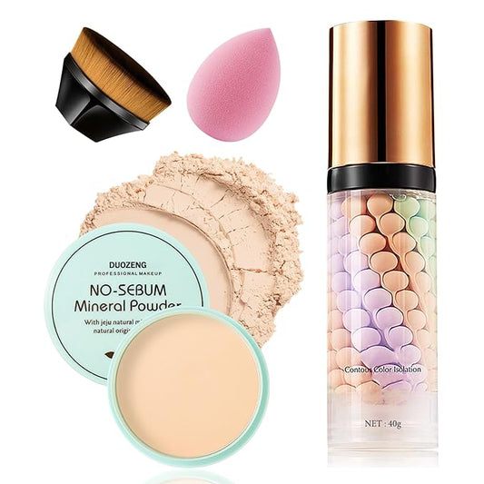 One Step Color Corrector,Natural Isolation Cream,Face Primer Makeup Tricolor Moisturizer,Correcting Primer Concealer Foundation,Setting Powder,Makeup Brushes,Makeup Sponges（4PCS)-VivaGrace Women
