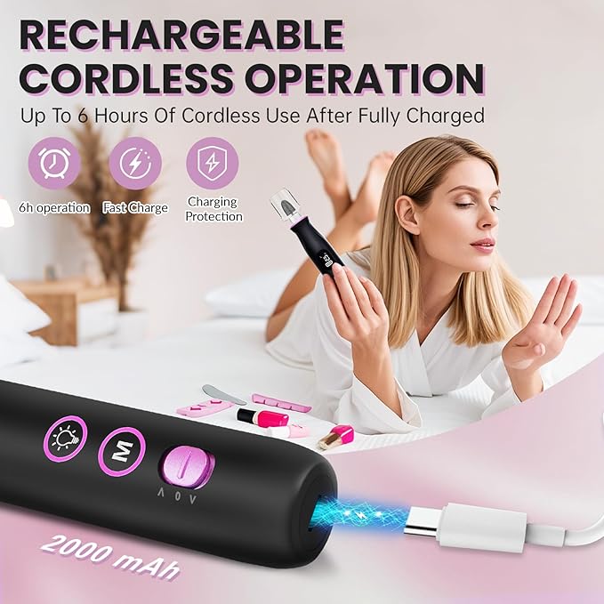 Electric Nail Drill, Cordless 2000 mAh Rechargeable Portable Nail File 12 in 1 Kit for Thick Toenails, 10 Speeds Nail Dril Machine Professional Manicure Pedicure for Hand Natural Nails Care (Black)-VivaGrace Women