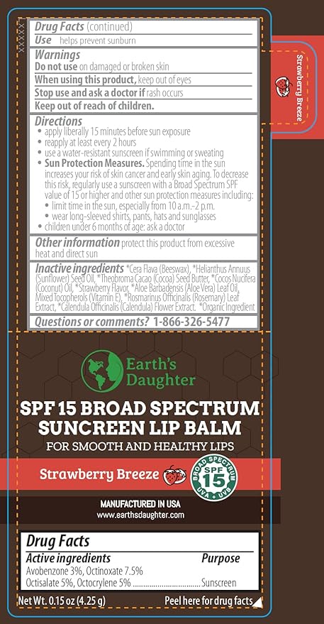 SPF Lip Balm 4-Pack by Earth's Daughter - Lip Sunscreen, SPF 15, Organic Ingredients, Strawberry Flavor, Beeswax, Coconut Oil, Vitamin E - Hypoallergenic, Paraben Free, Gluten Free-VivaGrace Women