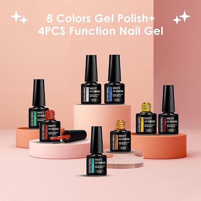 MEET ACROSS 12pcs Gel Nail Polish Set,Soak Off UV LED Lamp Gel Nail Polish Kit,Fashion Shimmer Nail Art Design Gifts for Women Manicure Salon (metalized)