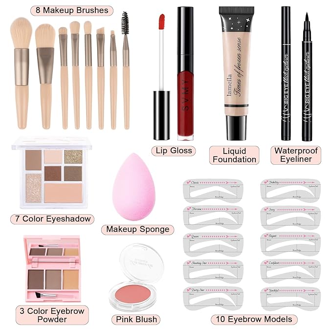 Makeup Kit for Teens Girls, Makeup Present Set for Women, Makeup Full Kit for Beginners, Mini Makeup Bundle Include 7 Nude colors Matte & Shimmer Pigmented Eyeshadow Palette, Eyebrow Powder-VivaGrace Women