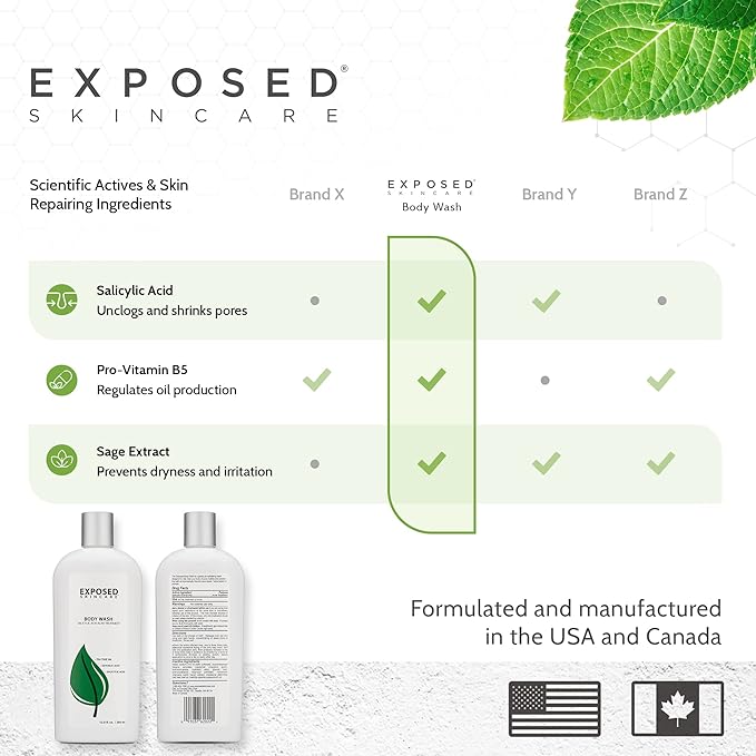 Exposed Skin Care Body Wash - Back and Body Acne Wash with Salicylic Acid and Tea Tree Oil – Exfoliating Bacne Treatment for Clearer, Healthier Skin – Body Cleanser for All Skin Types (12 fl oz)-VivaGrace Women