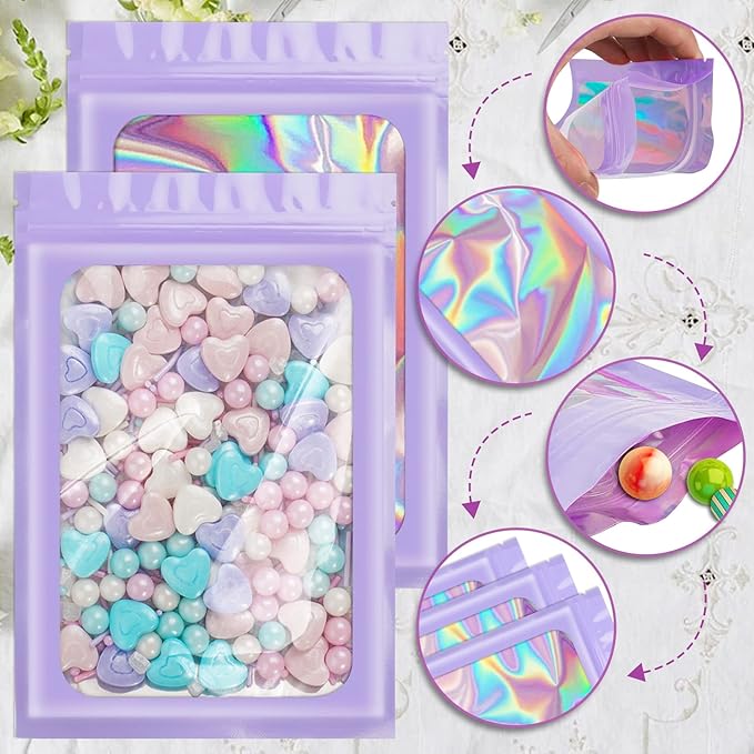 100 Pack Holographic Bags, Packaging Bags, Clear Window Resealable Odor Foil Pouch Bag for Food Storage and Lipgloss, Jewelry Lash (Purple, 4 x 6 Inch)-VivaGrace Women