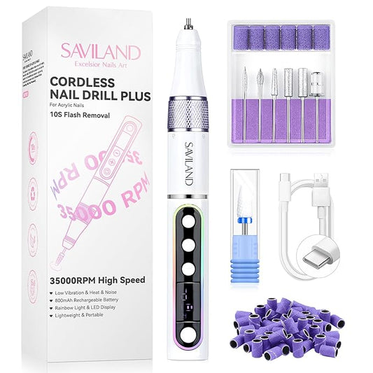 SAVILAND Advanced Cordless Electric Nail Drill: 10S Fast Removal 35000 RPM High Speed Nail File Kit for Acrylic Nail Tool Professional Rainbow Light LED Display Pro Manicure Kit Salon Travel Nail Tech-VivaGrace Women