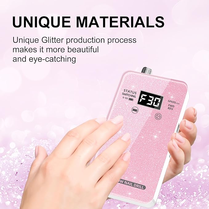 Professional Electric Nail Drill File:COSYGLOW Glitter Portable Cordless E-File Nail Drill Kit with 11 Drill Bits,30000 RPM Rechargeable Nail Drills Machine for Acrylic Nails Gel Polishing (Pink)-VivaGrace Women