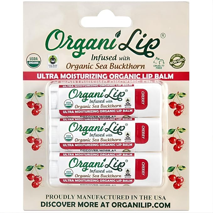 OrganiLip USDA Certified Organic Lip Balm for Nourishing Cracked or Dry Lips - All-Day Ultra Moisturizing Lip Care in Oval Shaped Tubes - 3-Pack (Cherry)-VivaGrace Women