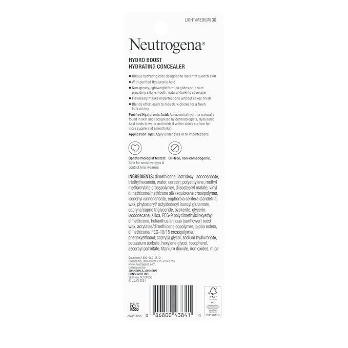 Neutrogena Hydro Boost Hydrating Concealer Stick for Dry Skin, Oil-Free, Lightweight, Non-Greasy and Non-Comedogenic Cover-Up Makeup with Hyaluronic Acid, 30 Light/Medium, 0.12 Oz-VivaGrace Women