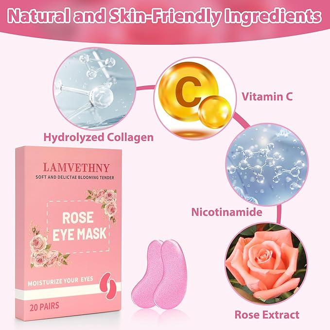 Eye Mask, Pink Rose Under Eye Patches (20 Pairs) Pink Rose Under Eye Masks Hyaluronic Acid Eye Patches for Dark Circles and Puffiness, Reduce Wrinkles and Fine Lines Under Eye Area - Pink-VivaGrace Women