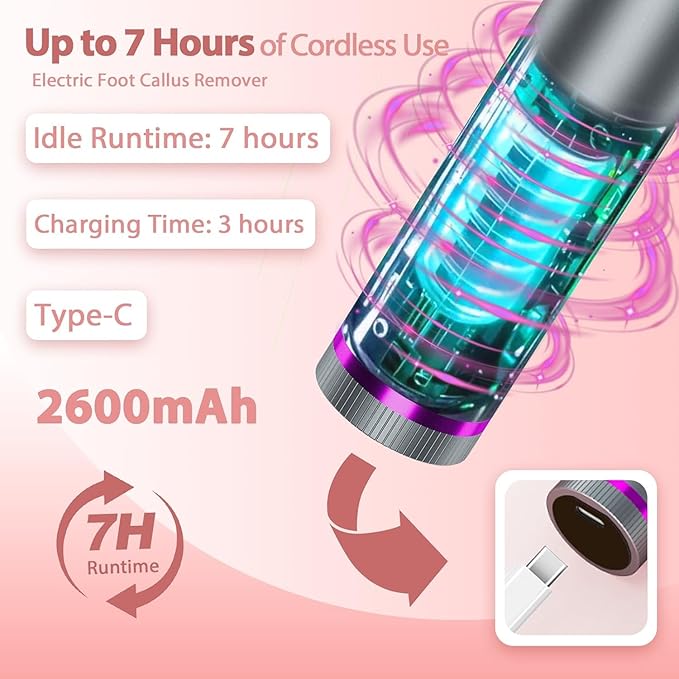 Electric Callus Remover for Feet, 3 Speeds Electric Foot Callus Remover with Powerful Brushless Motor, 2600mAh Runs for 7Hours, Washable Nano Glass Head, 60 Pcs Sandpaper Discs, Gift for Women & Men-VivaGrace Women
