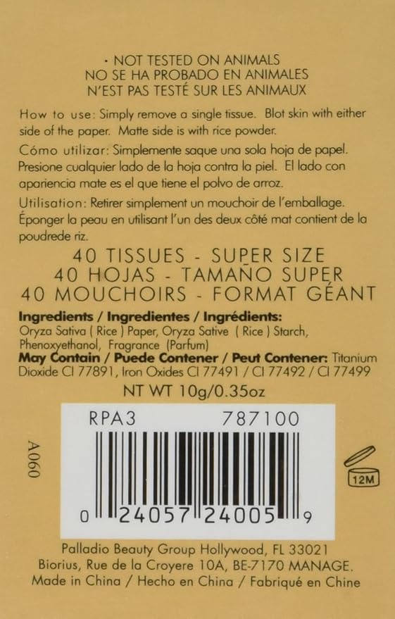 Palladio Rice Paper Facial Tissues for Oily Skin, Face Blotting Sheets Made from Natural Rice, Oil Absorbing Paper with Rice Powder, 2 Sided, Instant Results, Natural, 40 Count, Pack of 1-VivaGrace Women