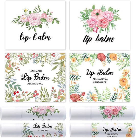 OLYCRAFT 100Pcs 4 Styles Flower Lip Balm Labels Stickers 2.1x1.7 inch Self-Adhesive Favor Lip Balms Flower Stickers with Handmade Words for Lipstick Wrapping Decorations Birthday Party Supplies-VivaGrace Women