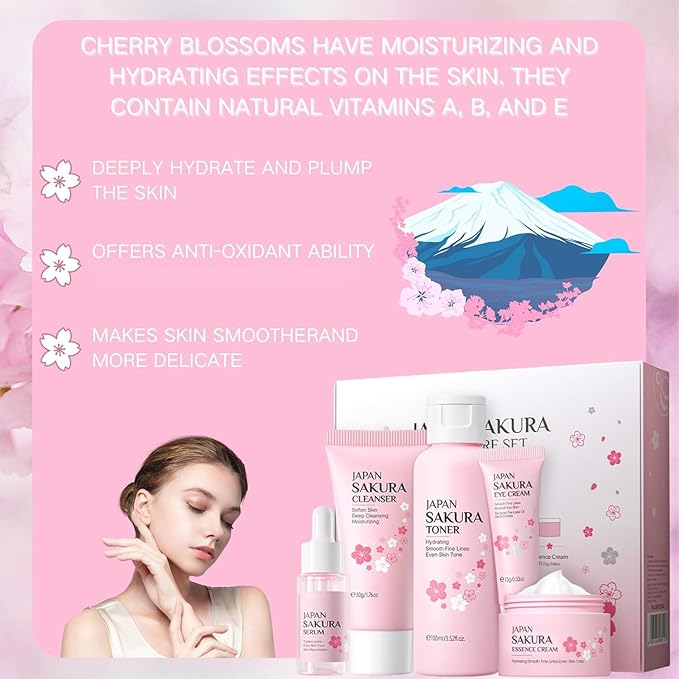 Sakura Skin Care Set, Women Gift Sets, Skin Care Kit with Cleanser, Toner, Serum, Eye Cream, Face Cream, Skin Care Routine Kit for Women, Even Skin Tone, Tighten & Firm Skin-VivaGrace Women