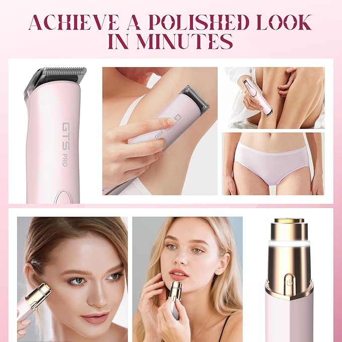 Bikini Trimmer for Women Electric Razor 2 Pack Dual Head Body & Facial Hair Remover -Waterproof USB Rechargeable with Replacement Ceramic Blades, Travel Pouch & Packaging Box(Pink)-VivaGrace Women