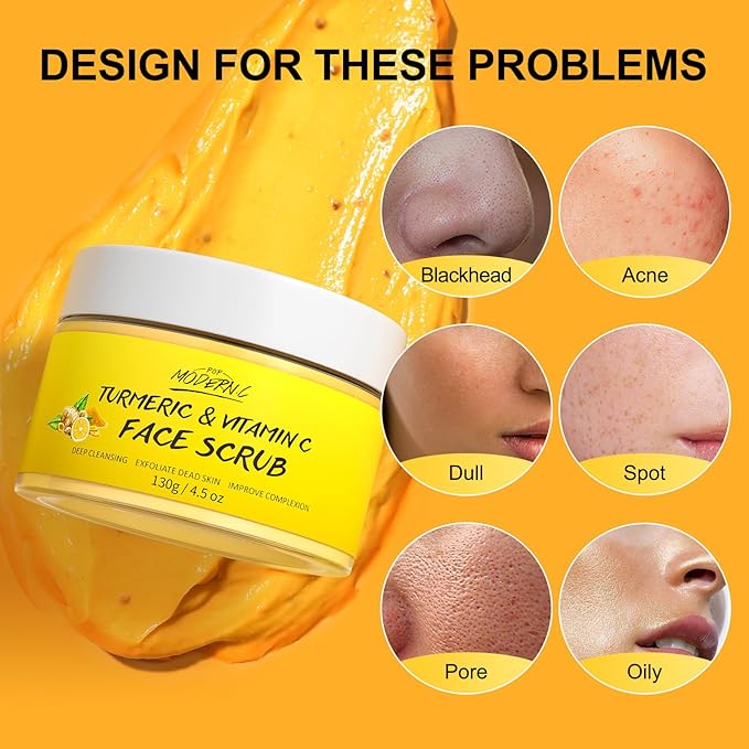 Vitamin C and Turmeric Face Scrub Cream Organics Microdermabrasion Facial Scrub Exfoliating Clears Blackheads Improve Dark Spot Acne with Strawberry Extract Exfoliator 130g/4.5oz
