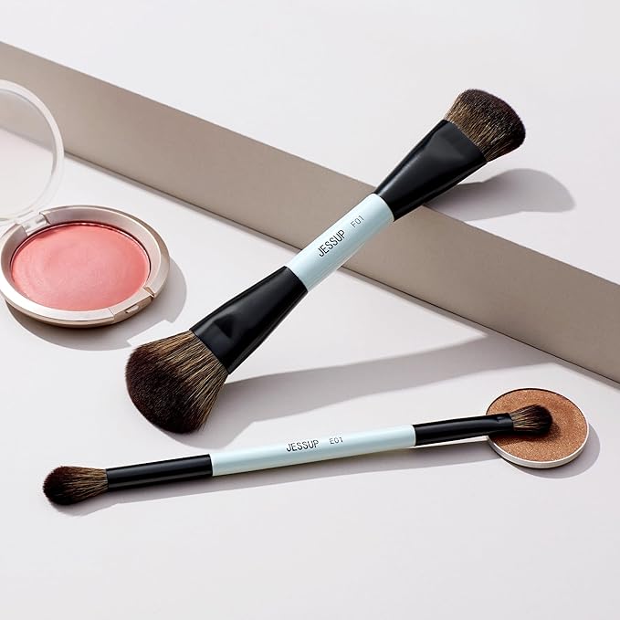 Jessup Makeup Brushes 2pcs Double Sided Foundation Brush Contour Brush Dual Ended Eye Blending Brush, Multi-functional Cosmetic Brush Bright Cyan T502-VivaGrace Women