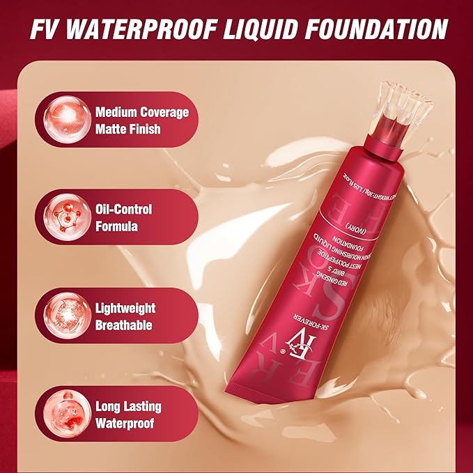 FV Waterproof Foundation with Medium Coverage, Oil-free & Long Lasting, Lightweight, Matte Foundation for Oily/Normal Skin, Sweat-resistant Liquid Makeup Foundation for Face, 30g, Ivory-VivaGrace Women