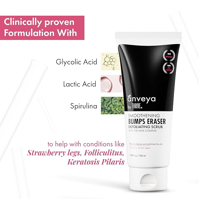 Anveya Smoothening Bumps Exfoliating Body Scrub For Bumpy & Dry Skin, Strawberry Legs, Keratosis Pilaris & Ingrown Hair | Glycolic Acid, Lactic Acid & Spirulina | For Men & Women | 100ml-VivaGrace Women