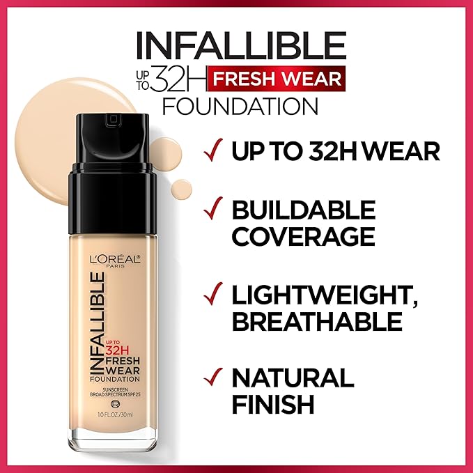 L'Oreal Paris Makeup Infallible Up to 32 Hour Fresh Wear Lightweight Foundation, 440 Natural Rose, 1 Fl Oz, Packaging May Vary-VivaGrace Women